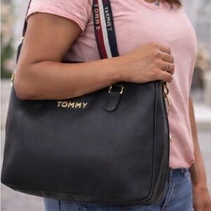 Tommy Hilfiger Black Tote Handbag • Logo Strap Shoulder Bag